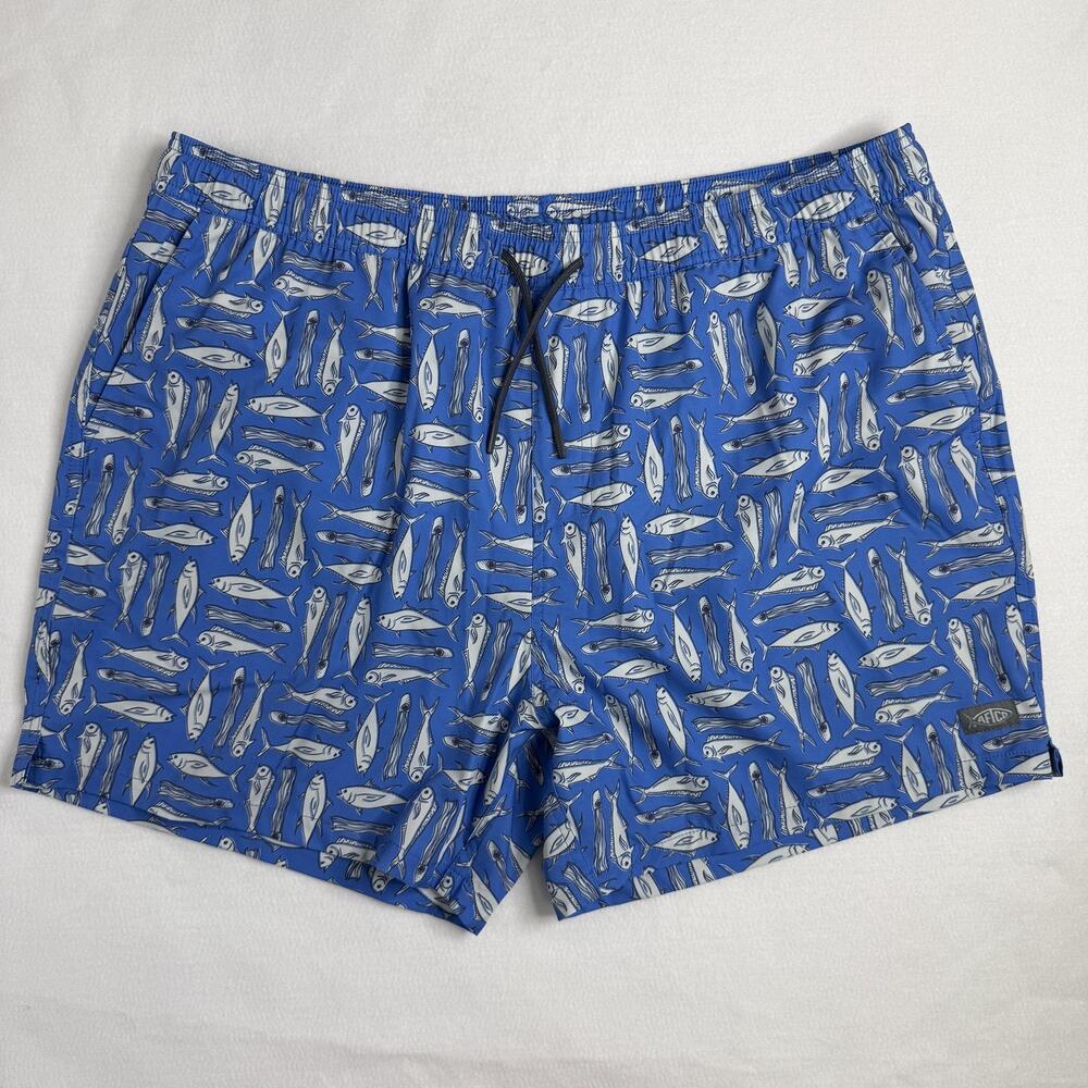 AFTCO Swim Trunks Mens 2XL Blue Fish Print Lined Drawstring Quick Dry Beach